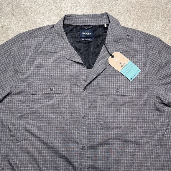 prAna Garvan Shirt Mens Large Gray Plaid Short Sleeve Vented Outdoor Hiking - Picture 2 of 10